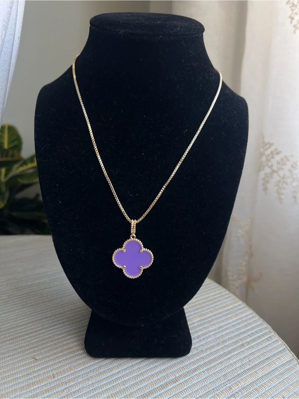 Gold Chain Necklace with large singular  Purple Clover Pendant